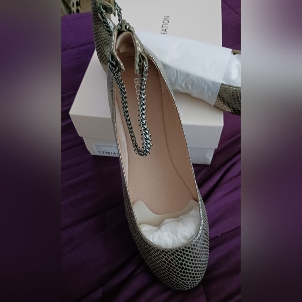 BCBGeneration Pewter snake print flats with ankle chain strap and zipper